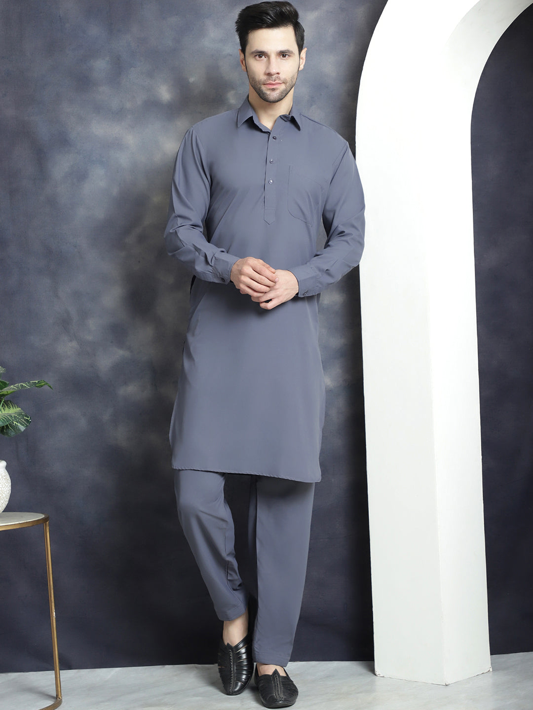 Jompers Men's Solid Pathani Kurta with Salwar - Grey - Distacart