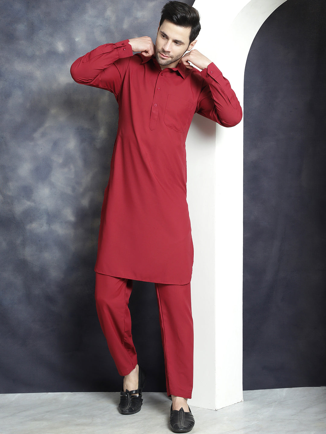 Jompers Men's Solid Pathani Kurta with Salwar - Maroon - Distacart