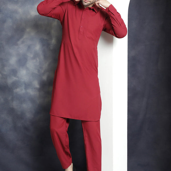 Jompers Men's Solid Pathani Kurta with Salwar - Maroon - Distacart