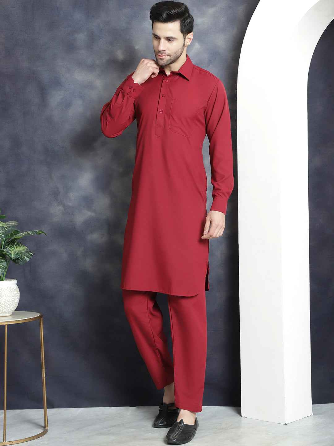 Jompers Men's Solid Pathani Kurta with Salwar - Maroon - Distacart