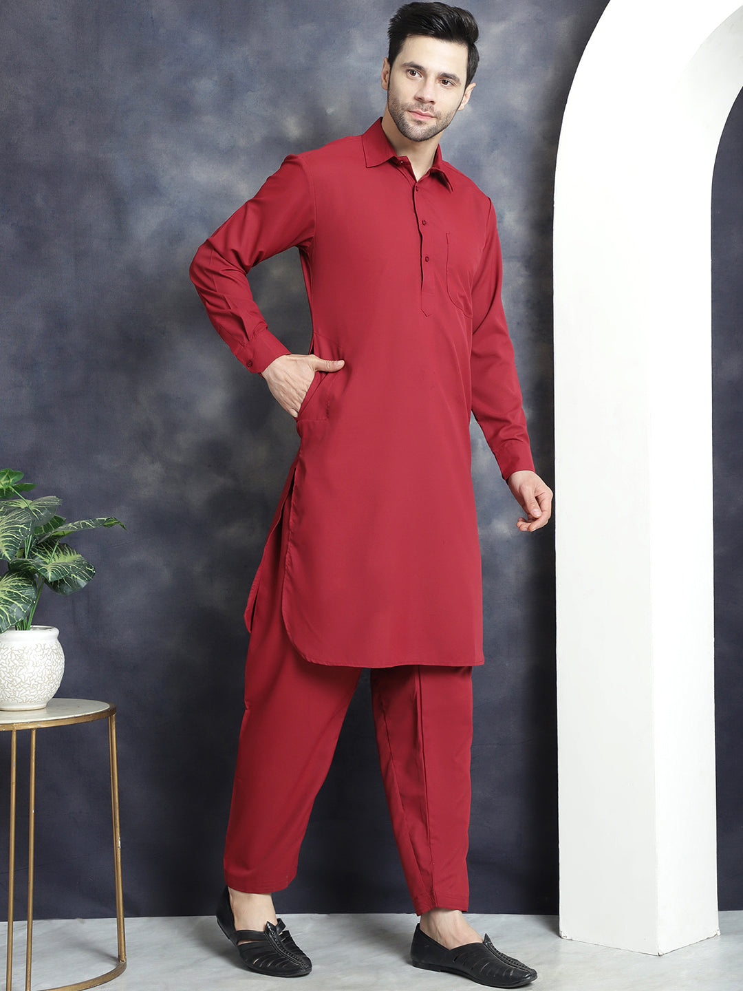 Jompers Men's Solid Pathani Kurta with Salwar - Maroon - Distacart