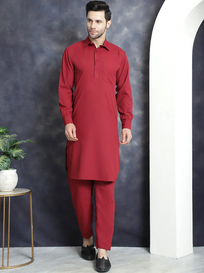 Jompers Men's Solid Pathani Kurta with Salwar - Maroon - Distacart