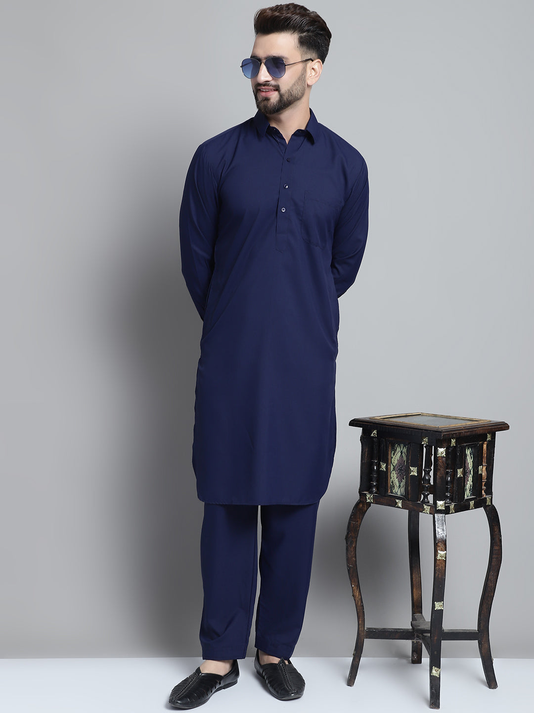 Jompers Men's Navy Blue Cotton Solid Pathani Kurta with Salwar - Distacart