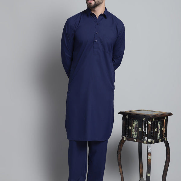 Jompers Men's Navy Blue Cotton Solid Pathani Kurta with Salwar - Distacart