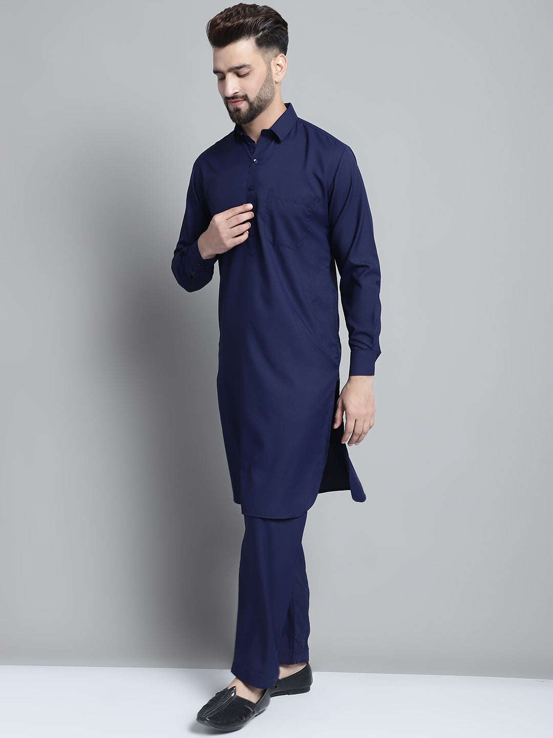 Jompers Men's Navy Blue Cotton Solid Pathani Kurta with Salwar - Distacart