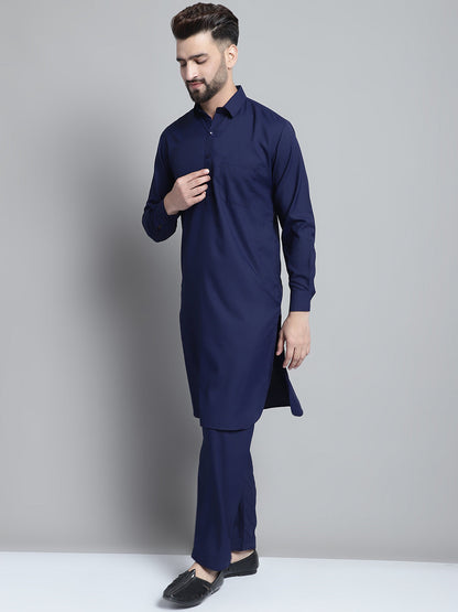 Jompers Men's Navy Blue Cotton Solid Pathani Kurta with Salwar - Distacart