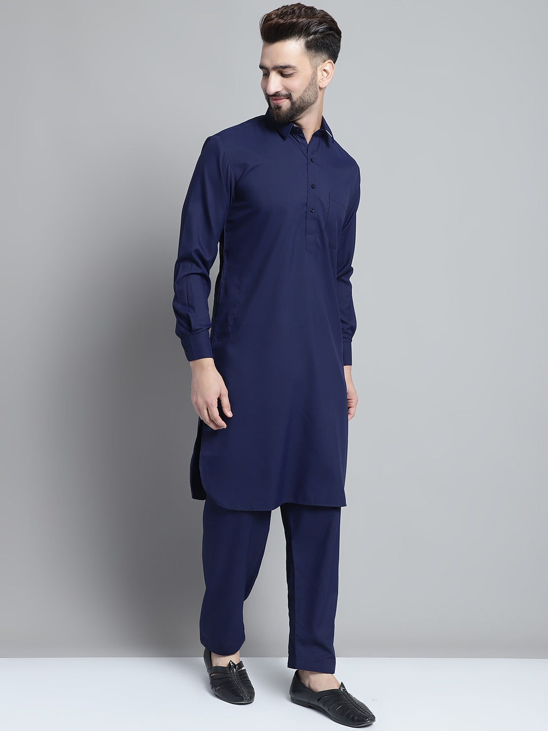 Jompers Men's Navy Blue Cotton Solid Pathani Kurta with Salwar - Distacart