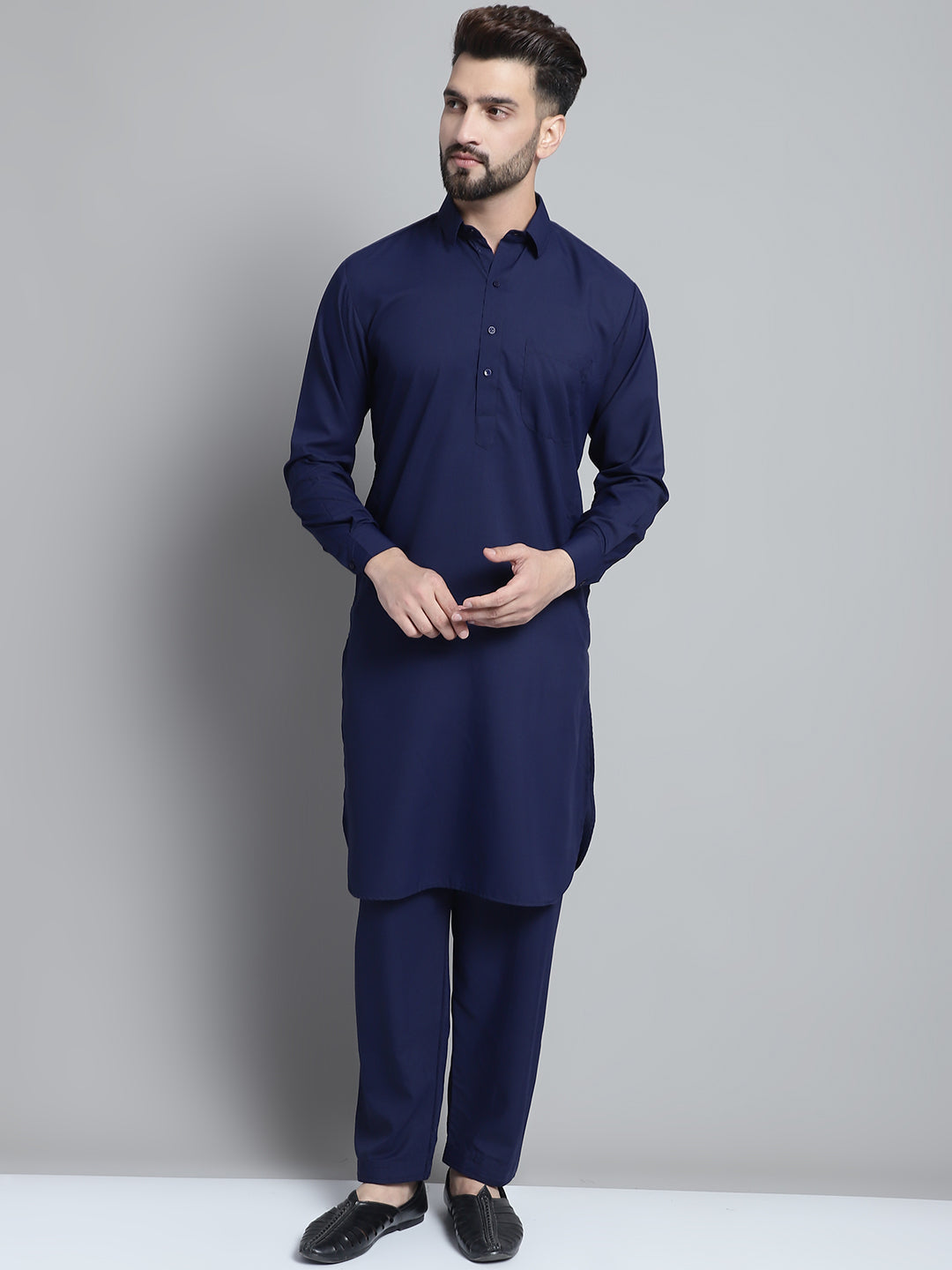 Jompers Men's Navy Blue Cotton Solid Pathani Kurta with Salwar - Distacart