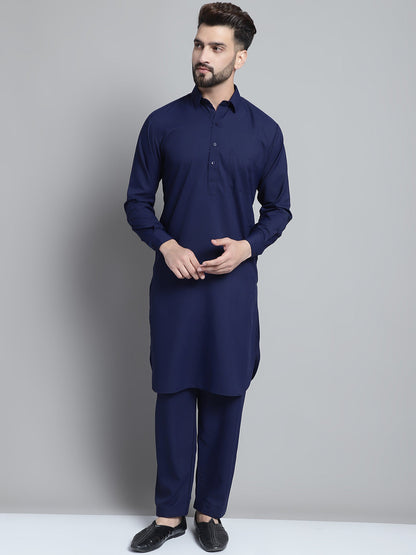 Jompers Men's Navy Blue Cotton Solid Pathani Kurta with Salwar - Distacart