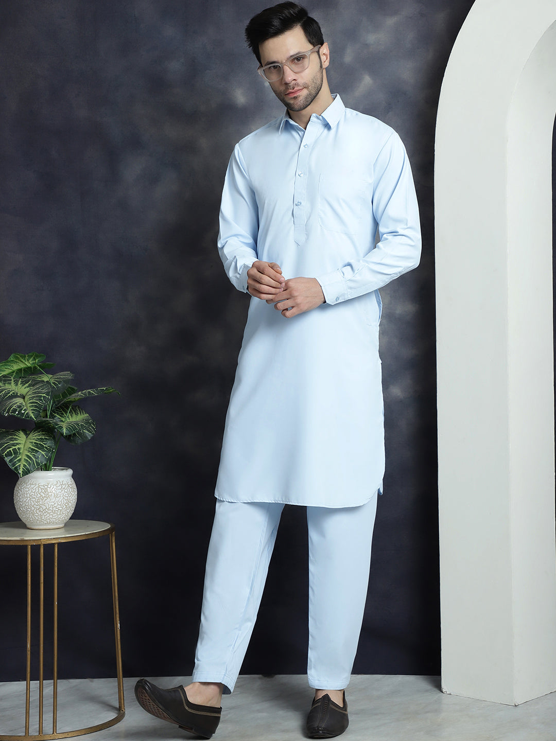 Jompers Men's Solid Pathani Kurta with Salwar - Sky Blue - Distacart