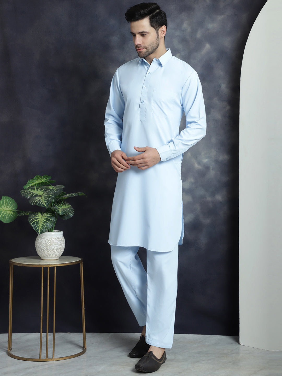 Jompers Men's Solid Pathani Kurta with Salwar - Sky Blue - Distacart