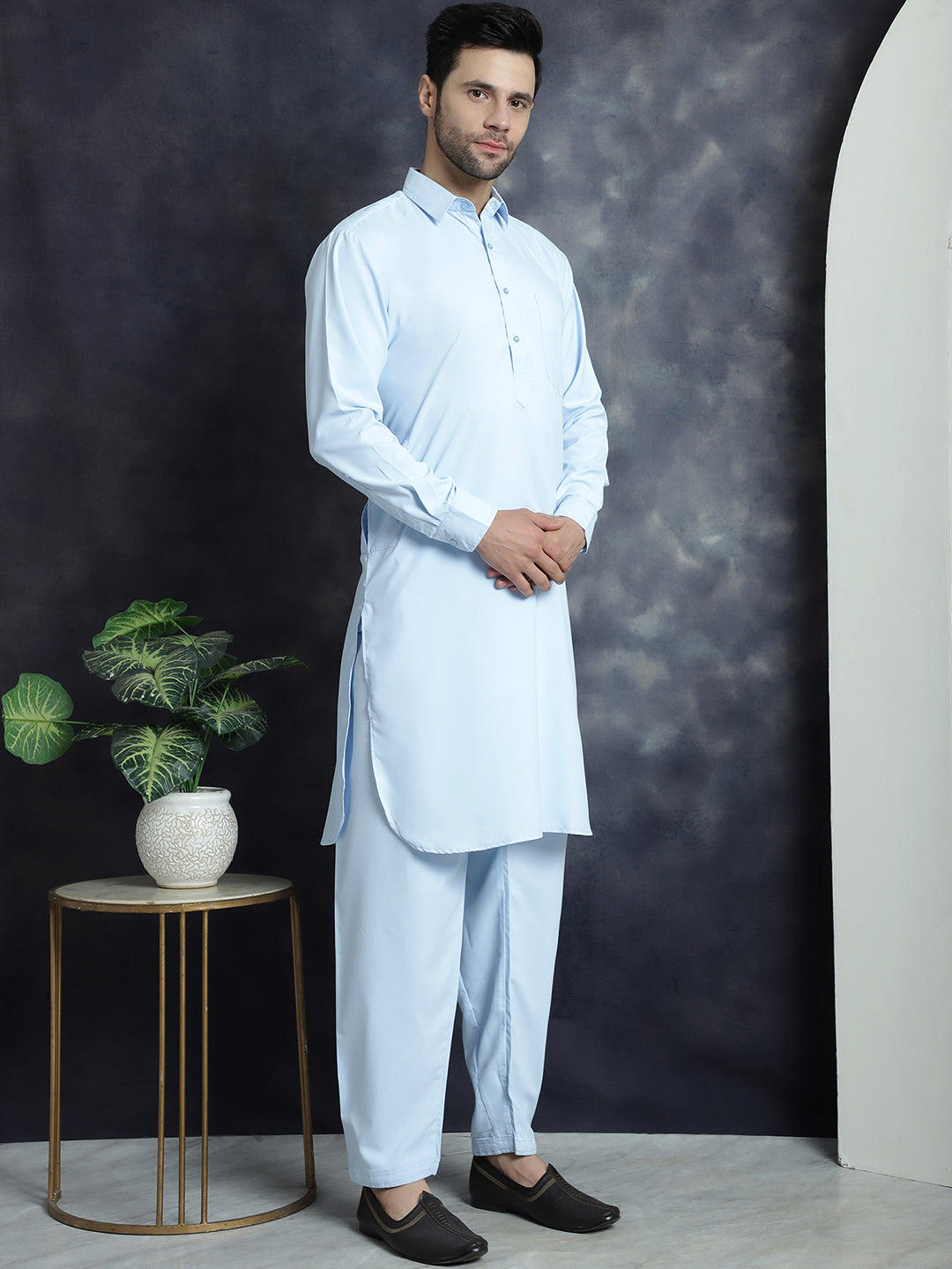 Jompers Men's Solid Pathani Kurta with Salwar - Sky Blue - Distacart