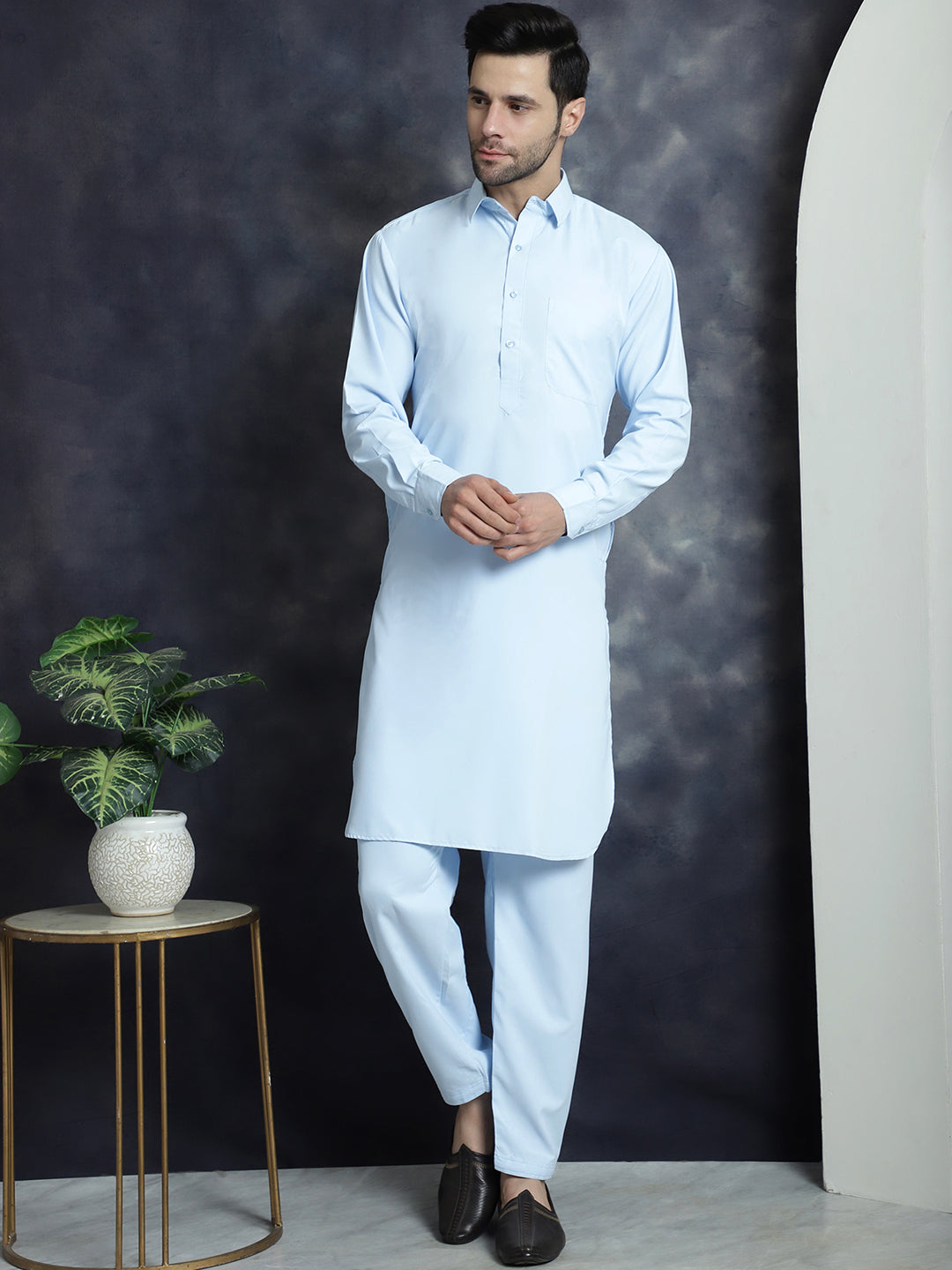 Jompers Men's Solid Pathani Kurta with Salwar - Sky Blue - Distacart