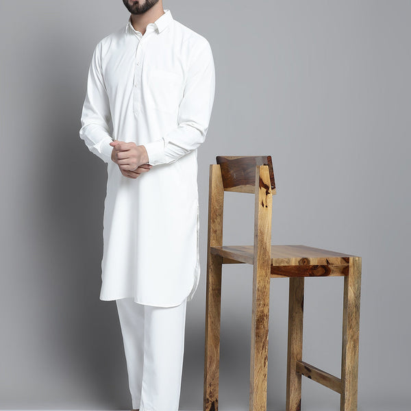 Jompers Men's White Cotton Solid Pathani Kurta with Salwar - Distacart