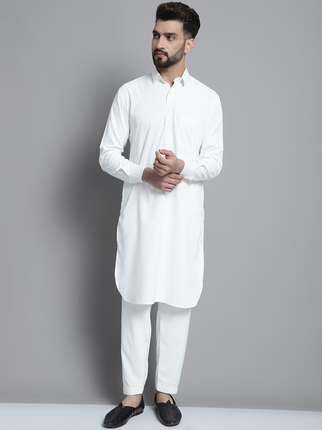 Jompers Men's White Cotton Solid Pathani Kurta with Salwar - Distacart