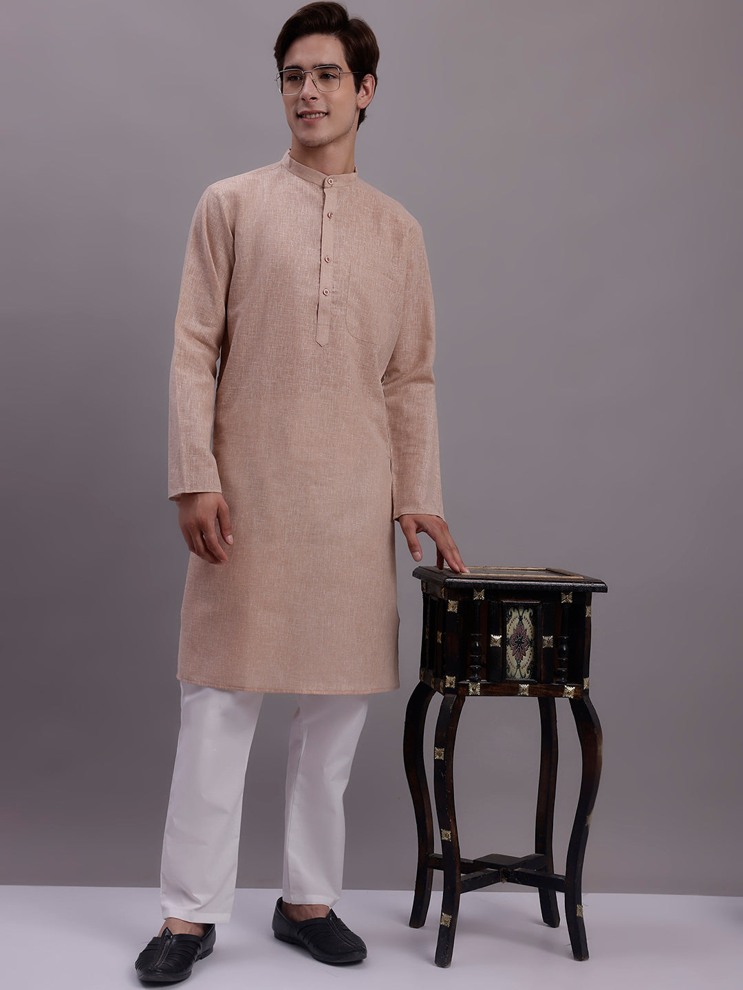 Jompers Men's Solid Pure Cotton Kurta With Pyjamas - Beige - Distacart