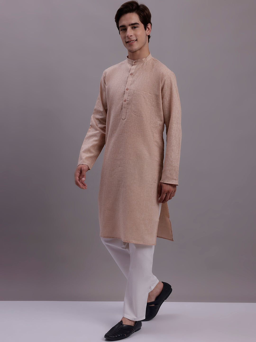 Jompers Men's Solid Pure Cotton Kurta With Pyjamas - Beige - Distacart