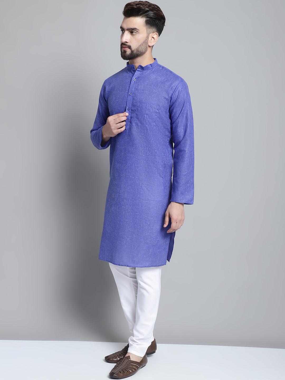 Jompers Men's Solid Pure Cotton Kurta With Pyjamas - Blue - Distacart
