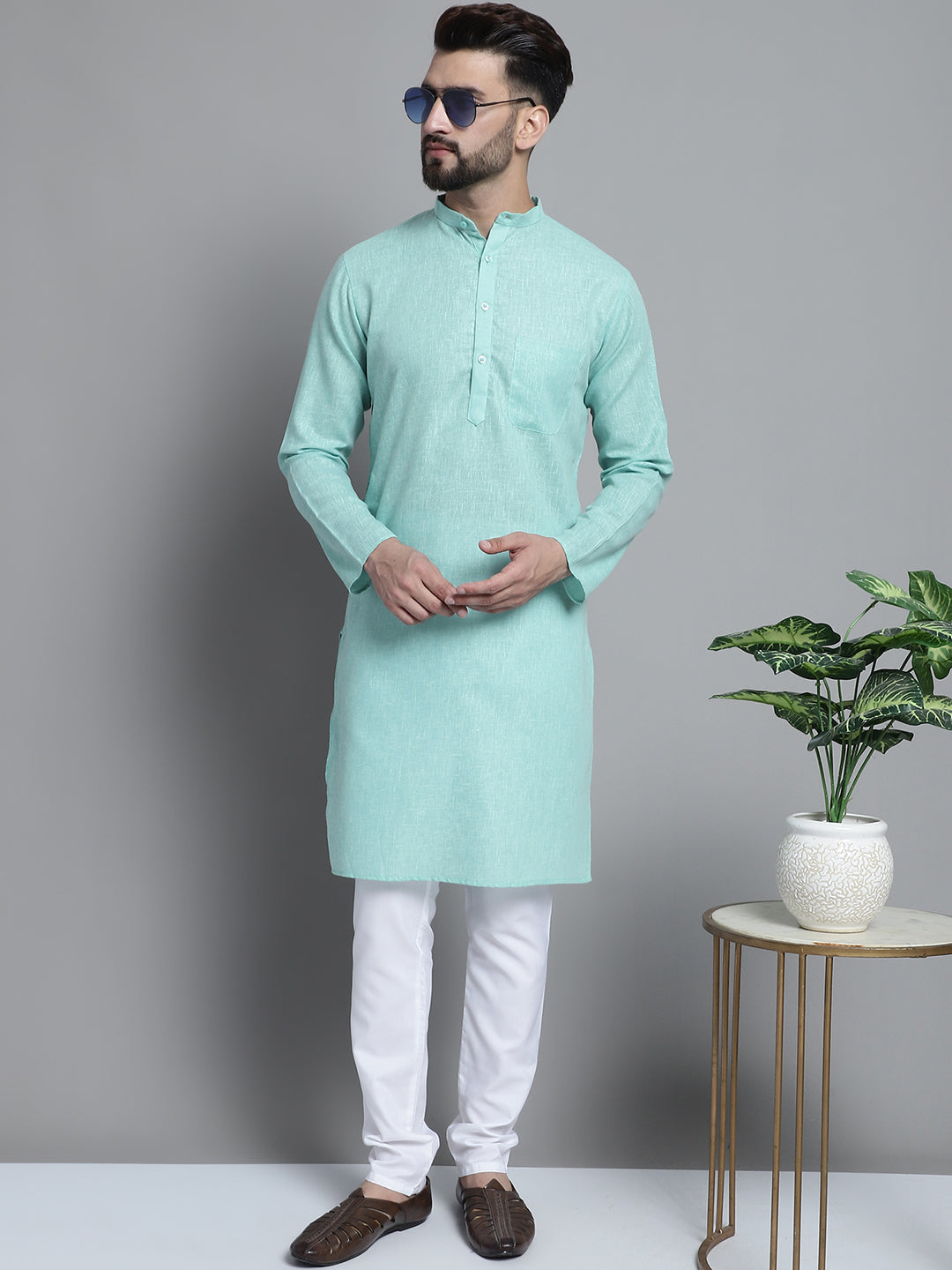 Jompers Men's Solid Pure Cotton Kurta With Pyjamas - Green - Distacart