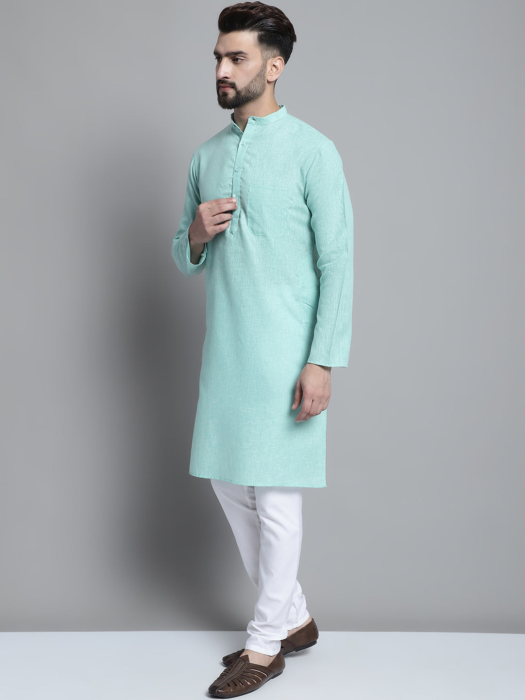 Jompers Men's Solid Pure Cotton Kurta With Pyjamas - Green - Distacart