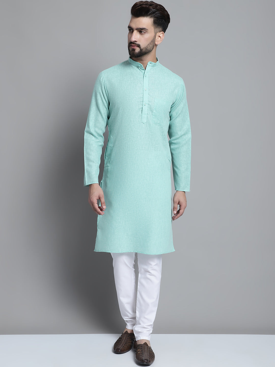 Jompers Men's Solid Pure Cotton Kurta With Pyjamas - Green - Distacart