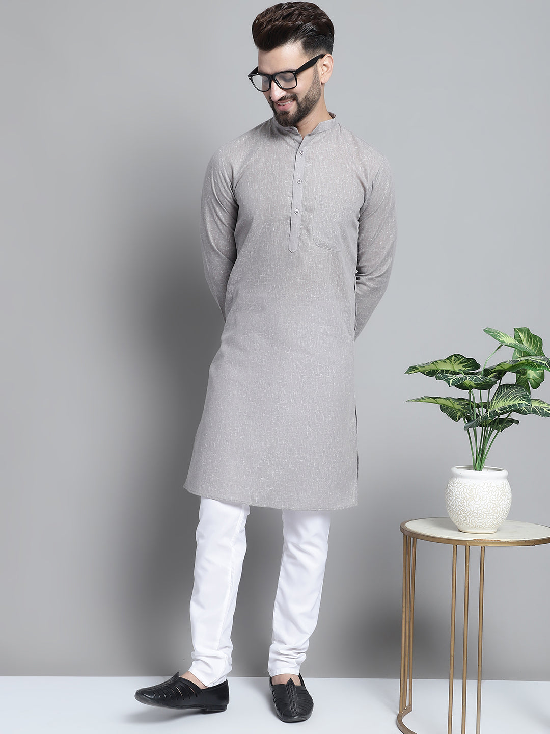 Jompers Men's Solid Pure Cotton Kurta With Pyjamas - Grey - Distacart