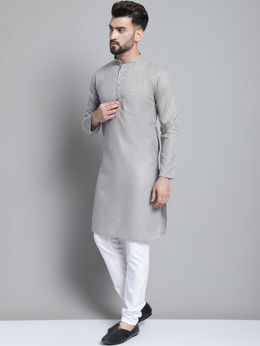 Jompers Men's Solid Pure Cotton Kurta With Pyjamas - Grey - Distacart