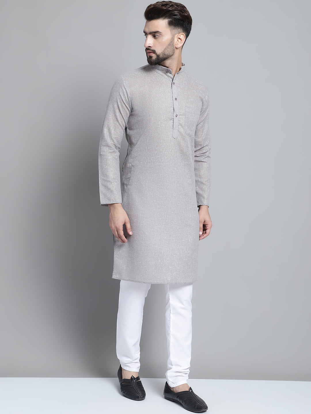 Jompers Men's Solid Pure Cotton Kurta With Pyjamas - Grey - Distacart