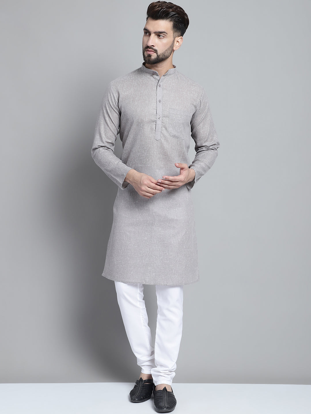 Jompers Men's Solid Pure Cotton Kurta With Pyjamas - Grey - Distacart