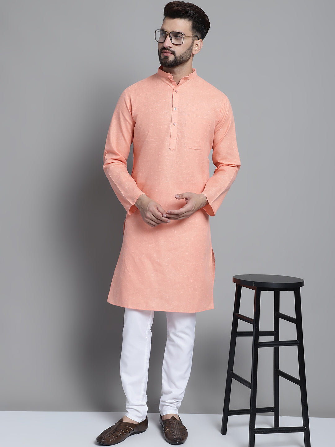 Jompers Men's Solid Pure Cotton Kurta With Pyjamas - Peach - Distacart
