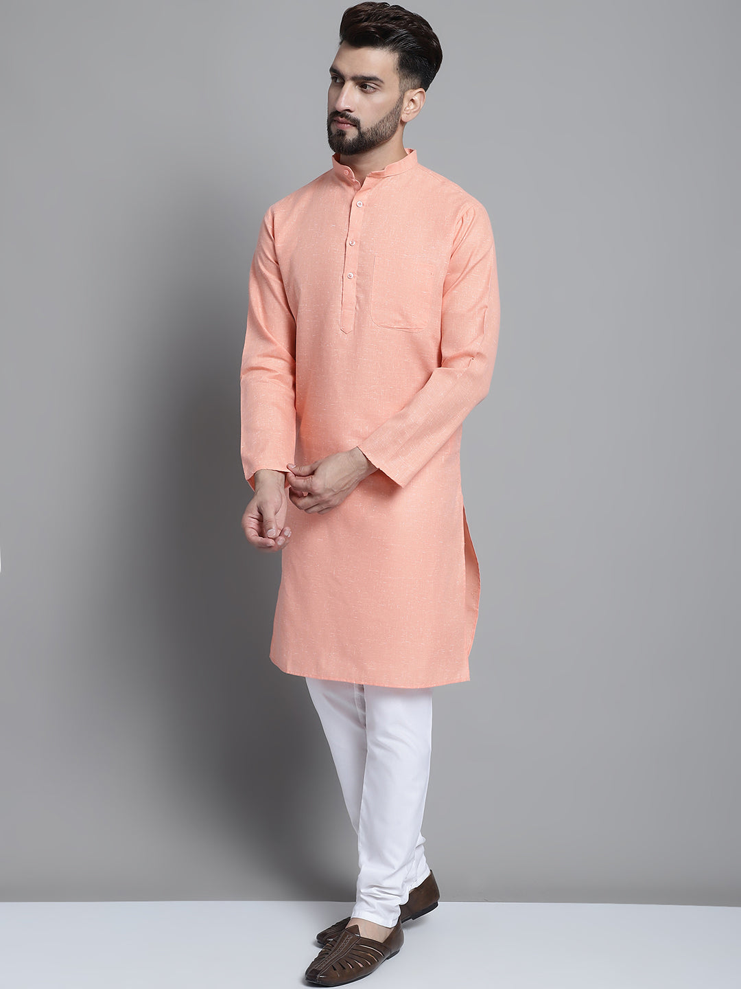 Jompers Men's Solid Pure Cotton Kurta With Pyjamas - Peach - Distacart
