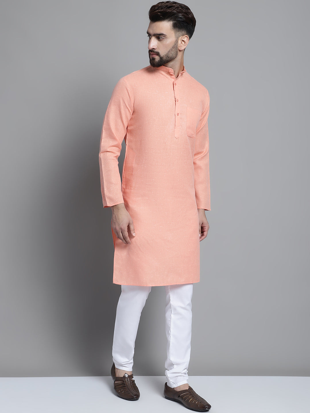 Jompers Men's Solid Pure Cotton Kurta With Pyjamas - Peach - Distacart