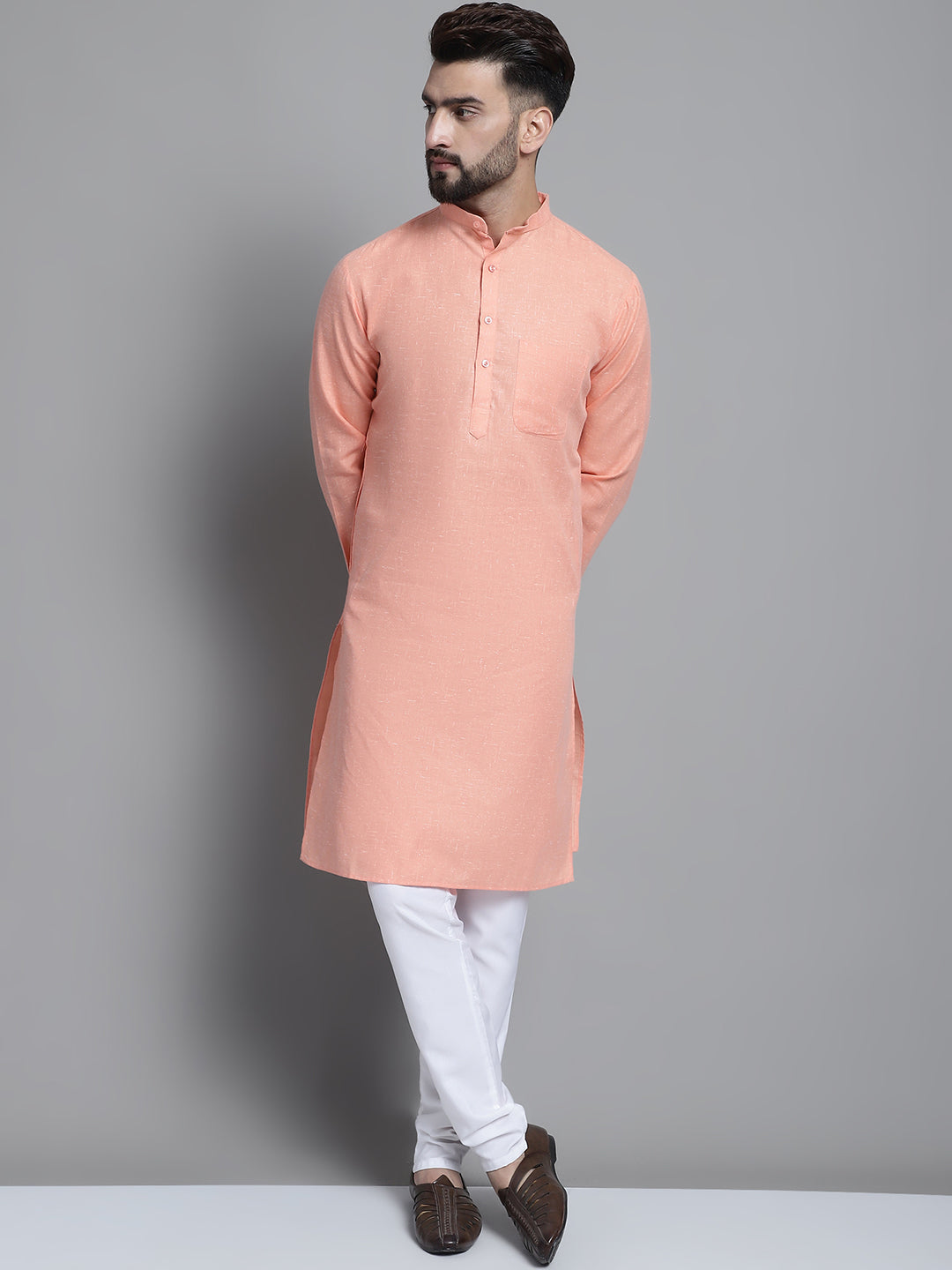 Jompers Men's Solid Pure Cotton Kurta With Pyjamas - Peach - Distacart