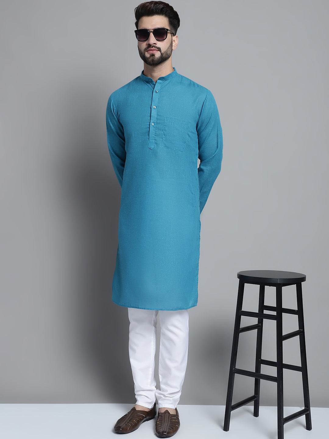 Jompers Men's Solid Pure Cotton Kurta With Pyjamas - Peacock - Distacart