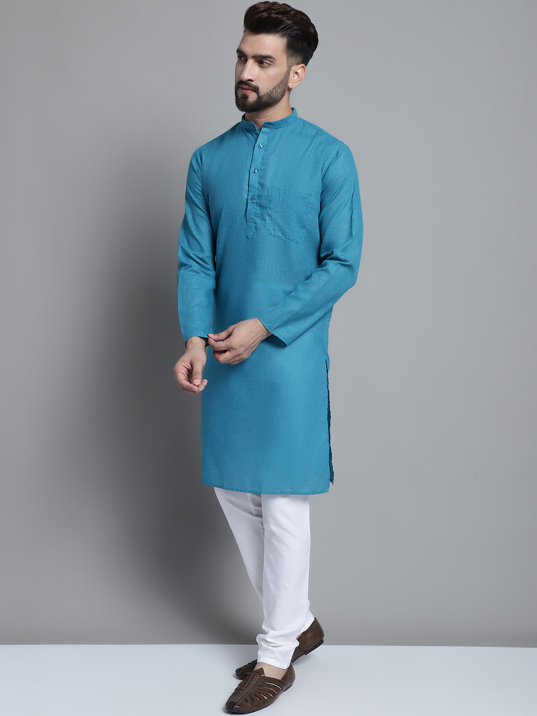 Jompers Men's Solid Pure Cotton Kurta With Pyjamas - Peacock - Distacart