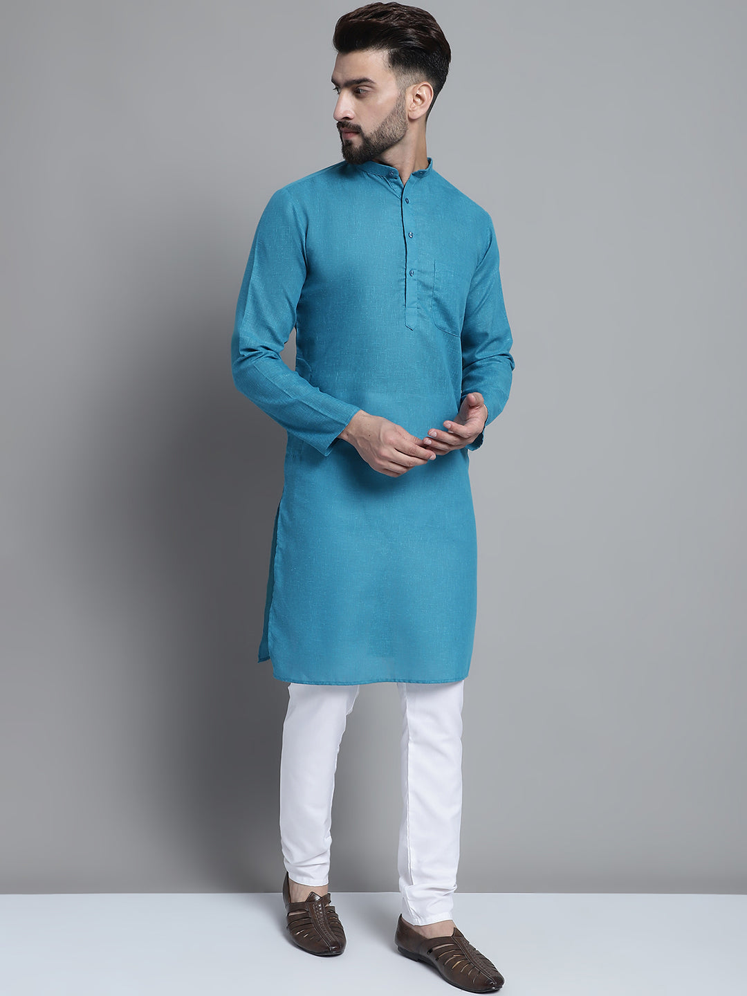 Jompers Men's Solid Pure Cotton Kurta With Pyjamas - Peacock - Distacart