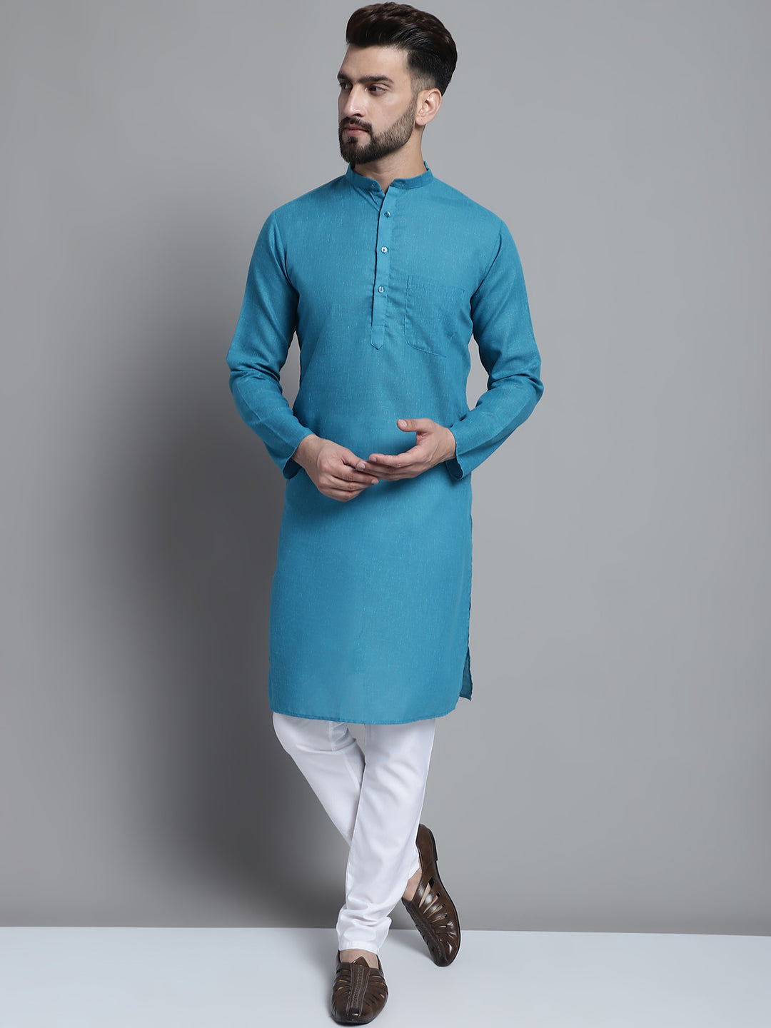 Jompers Men's Solid Pure Cotton Kurta With Pyjamas - Peacock - Distacart