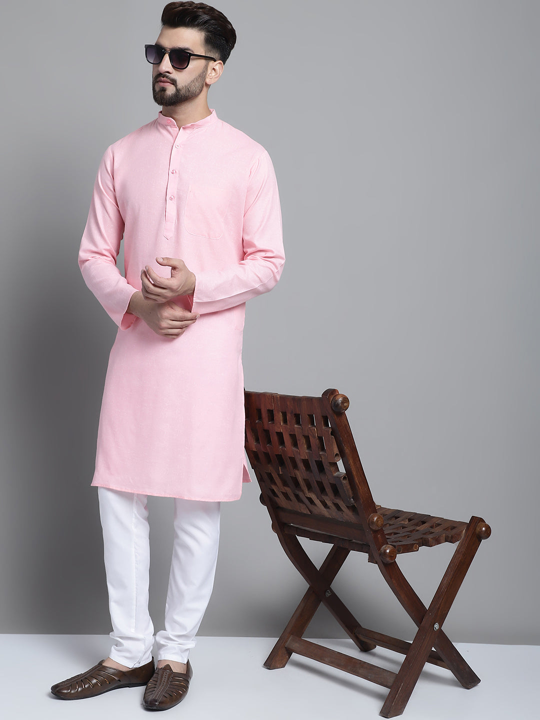 Jompers Men's Solid Pure Cotton Kurta With Pyjamas - Pink - Distacart