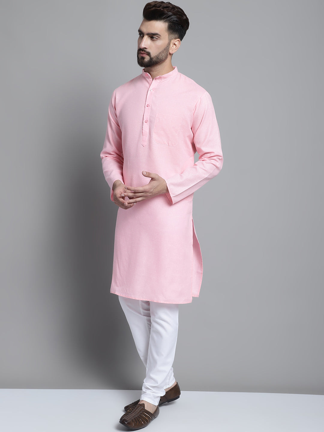 Jompers Men's Solid Pure Cotton Kurta With Pyjamas - Pink - Distacart