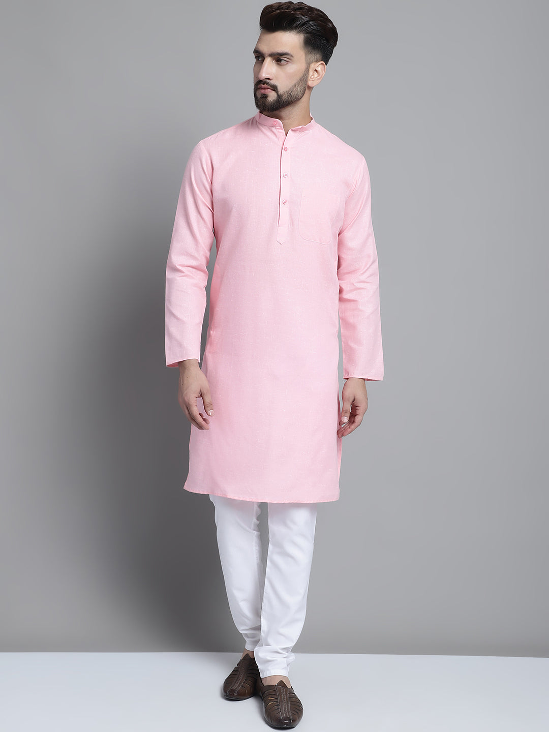 Jompers Men's Solid Pure Cotton Kurta With Pyjamas - Pink - Distacart