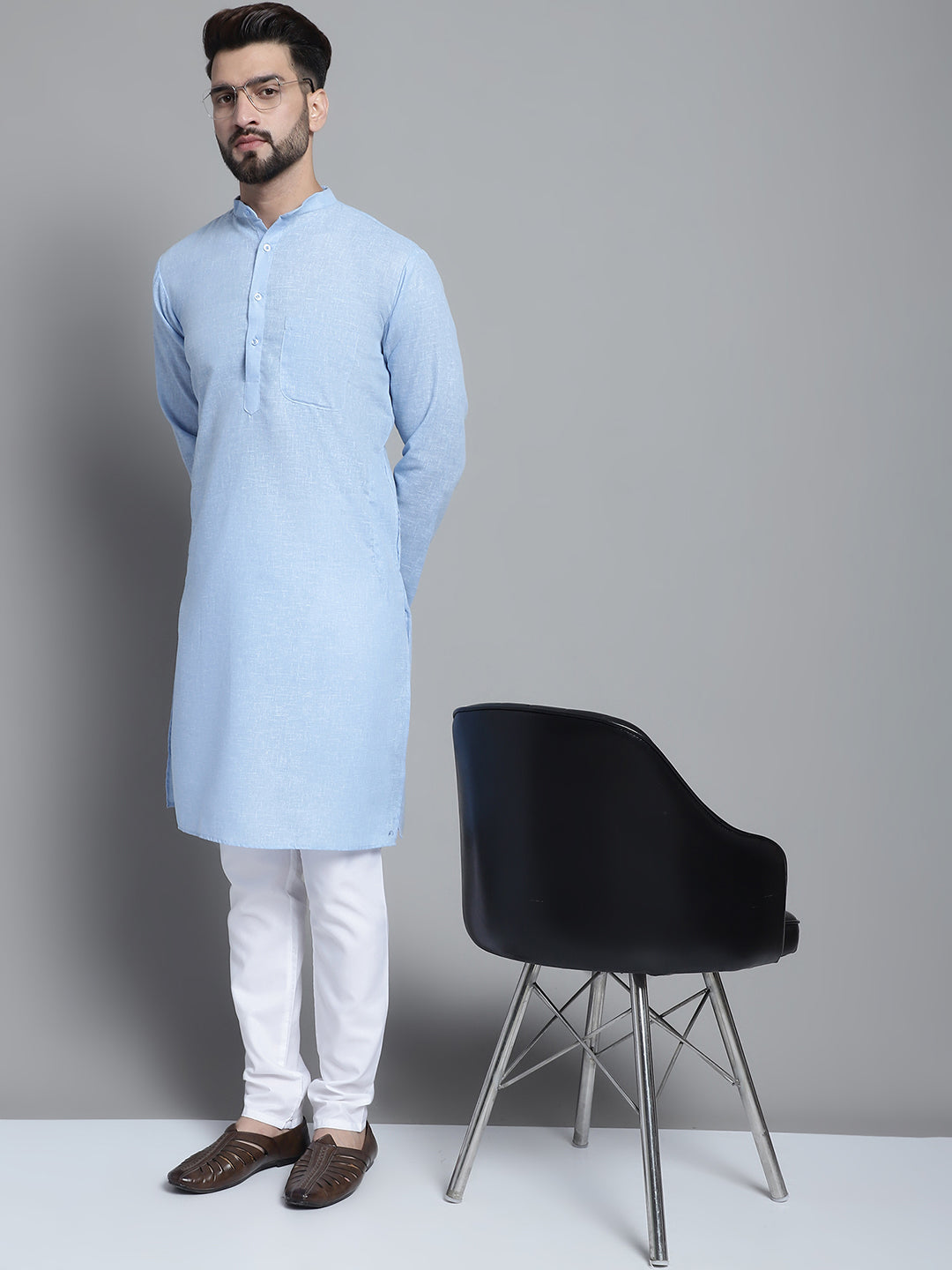 Jompers Men's Solid Pure Cotton Kurta With Pyjamas - Sky Blue - Distacart