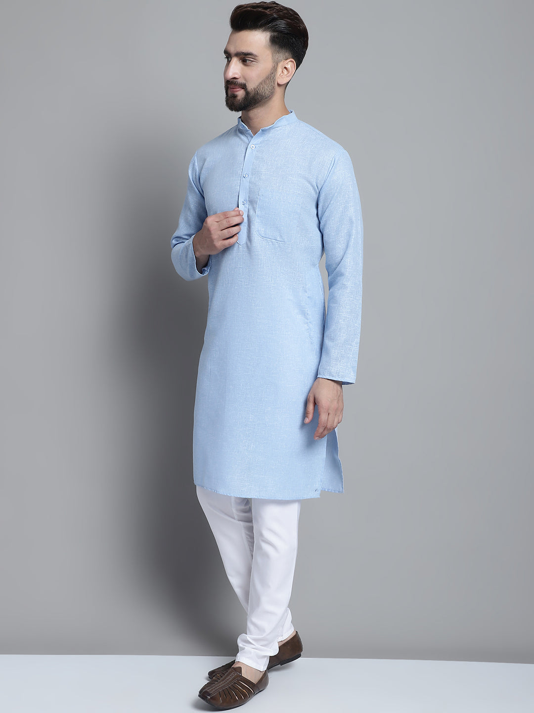Jompers Men's Solid Pure Cotton Kurta With Pyjamas - Sky Blue - Distacart
