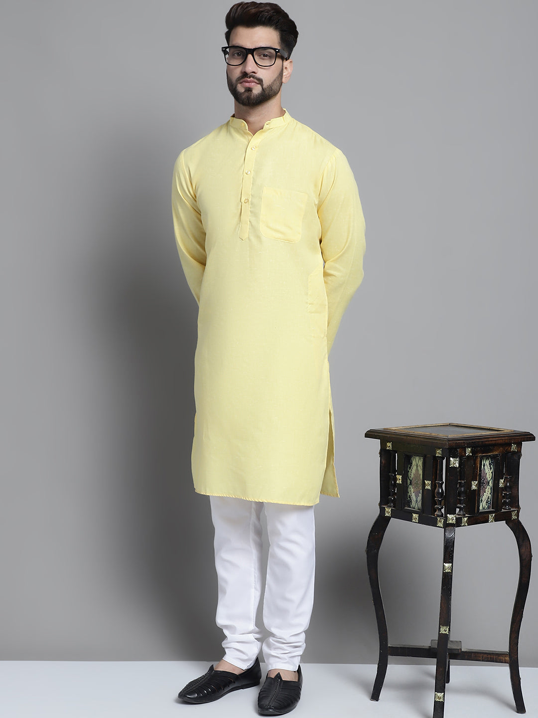 Jompers Men's Solid Pure Cotton Kurta With Pyjamas - Yellow - Distacart