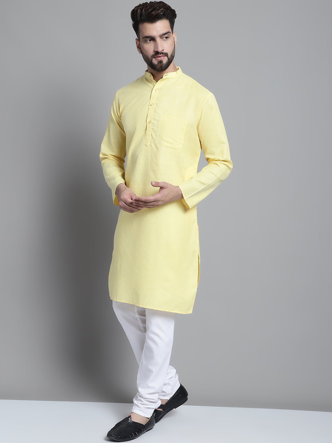 Jompers Men's Solid Pure Cotton Kurta With Pyjamas - Yellow - Distacart