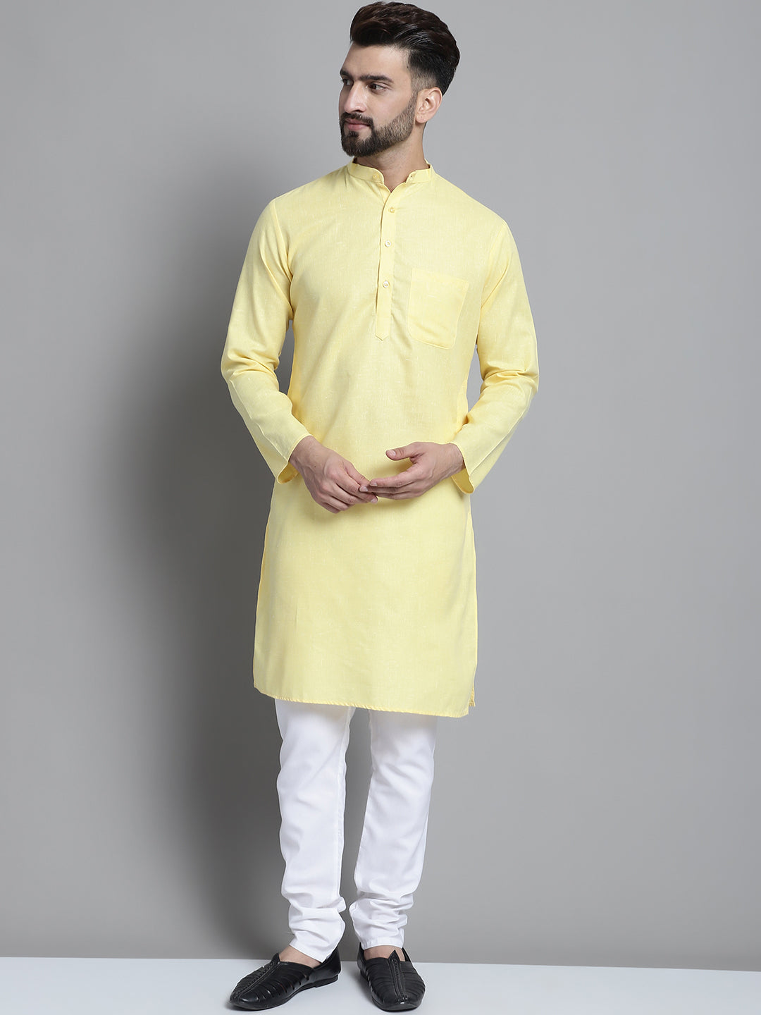 Jompers Men's Solid Pure Cotton Kurta With Pyjamas - Yellow - Distacart
