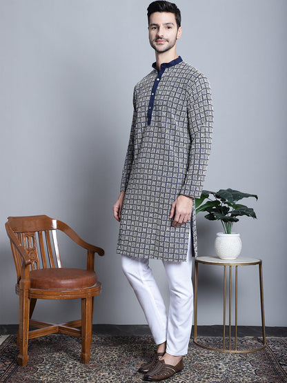 Jompers Men's Navy Blue Embroidered Kurta with Pyjama - Distacart