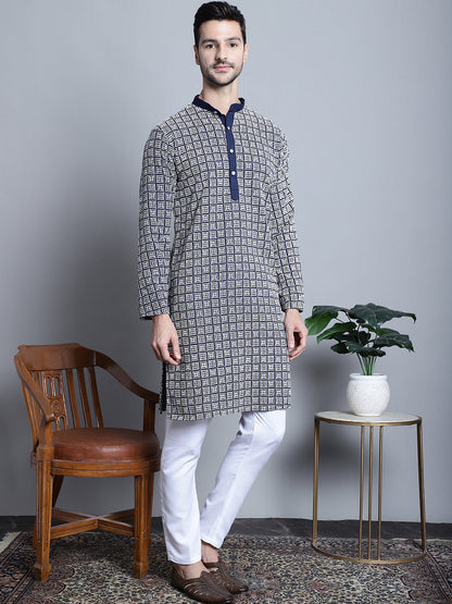 Jompers Men's Navy Blue Embroidered Kurta with Pyjama - Distacart