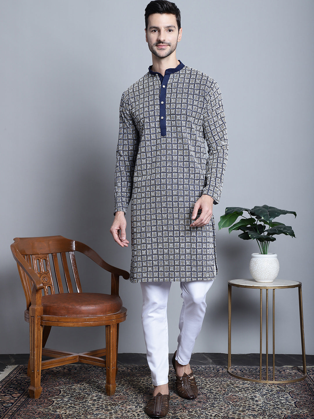 Jompers Men's Navy Blue Embroidered Kurta with Pyjama - Distacart