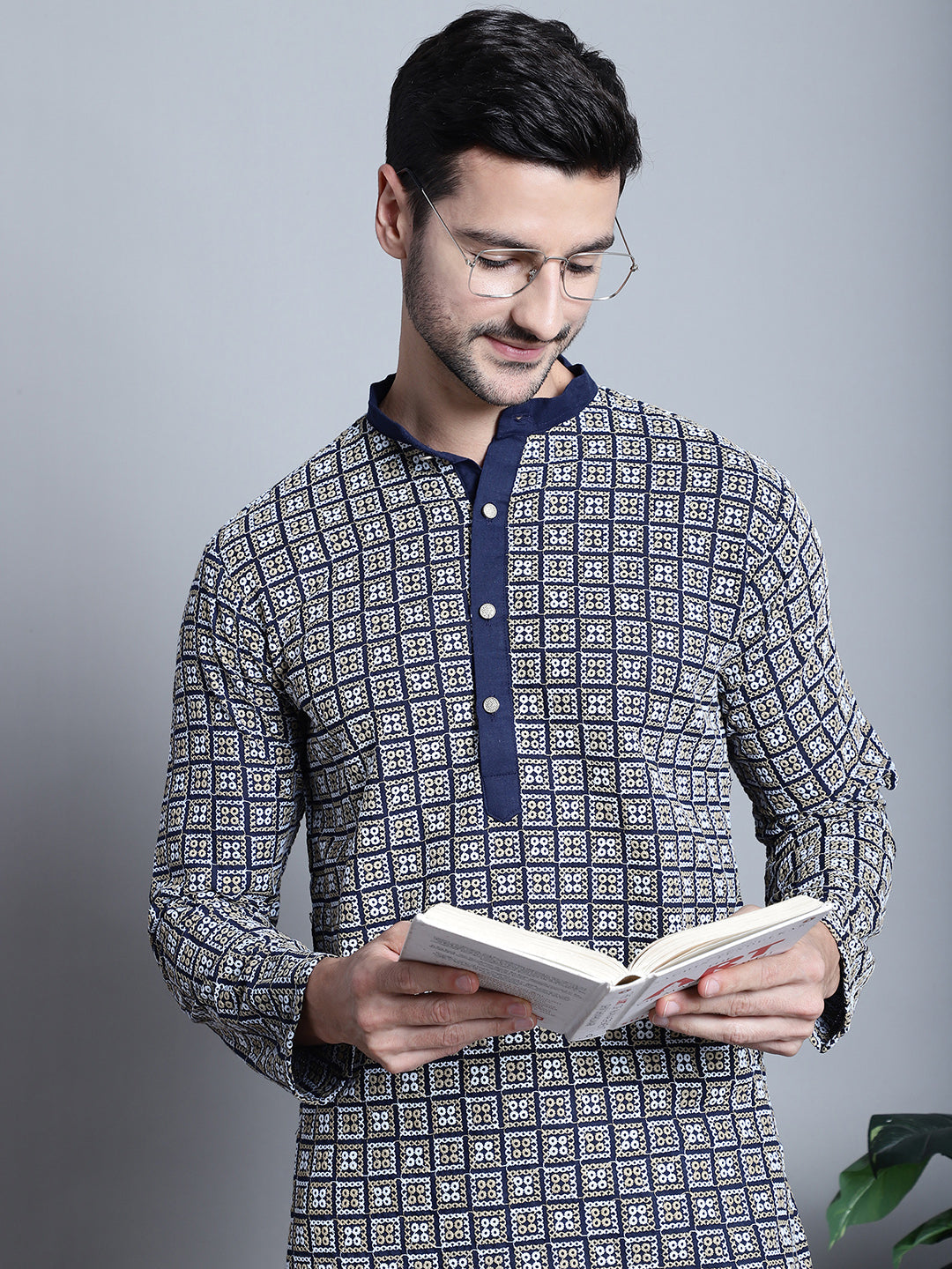 Jompers Men's Navy Blue Embroidered Kurta with Pyjama - Distacart