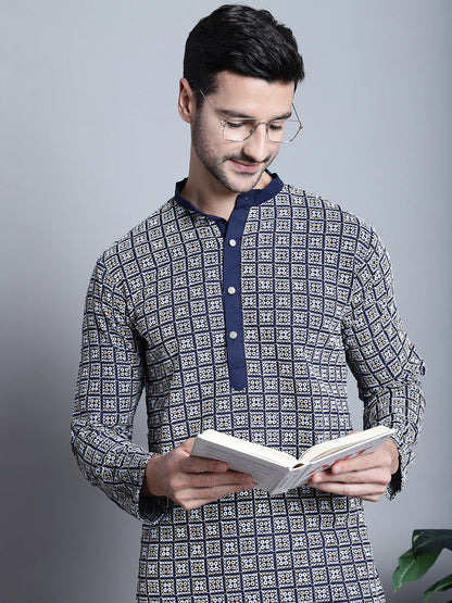 Jompers Men's Navy Blue Embroidered Kurta with Pyjama - Distacart
